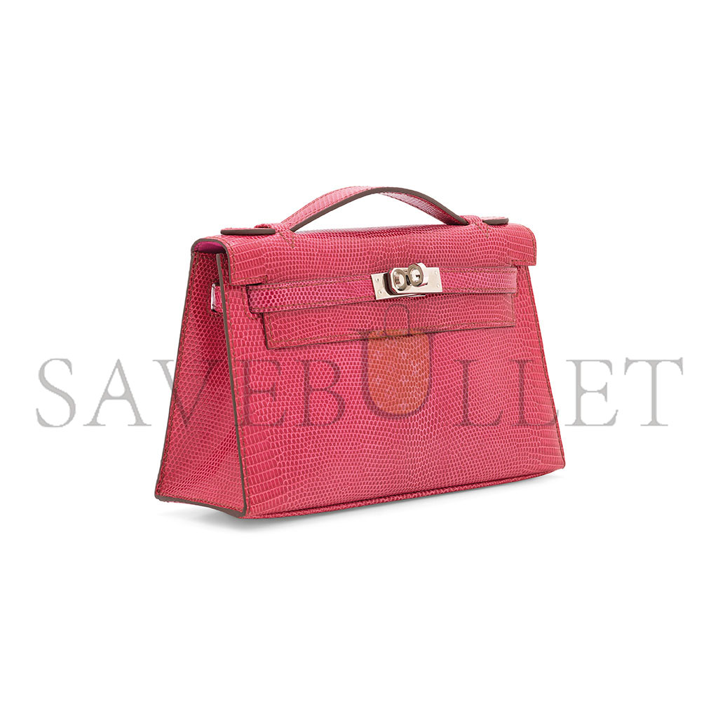 HERMÈS MASTER A SHINY FUCHSIA SALVATOR LIZARD KELLY POCHETTE WITH PALLADIUM HARDWARE (22*14*7cm) 